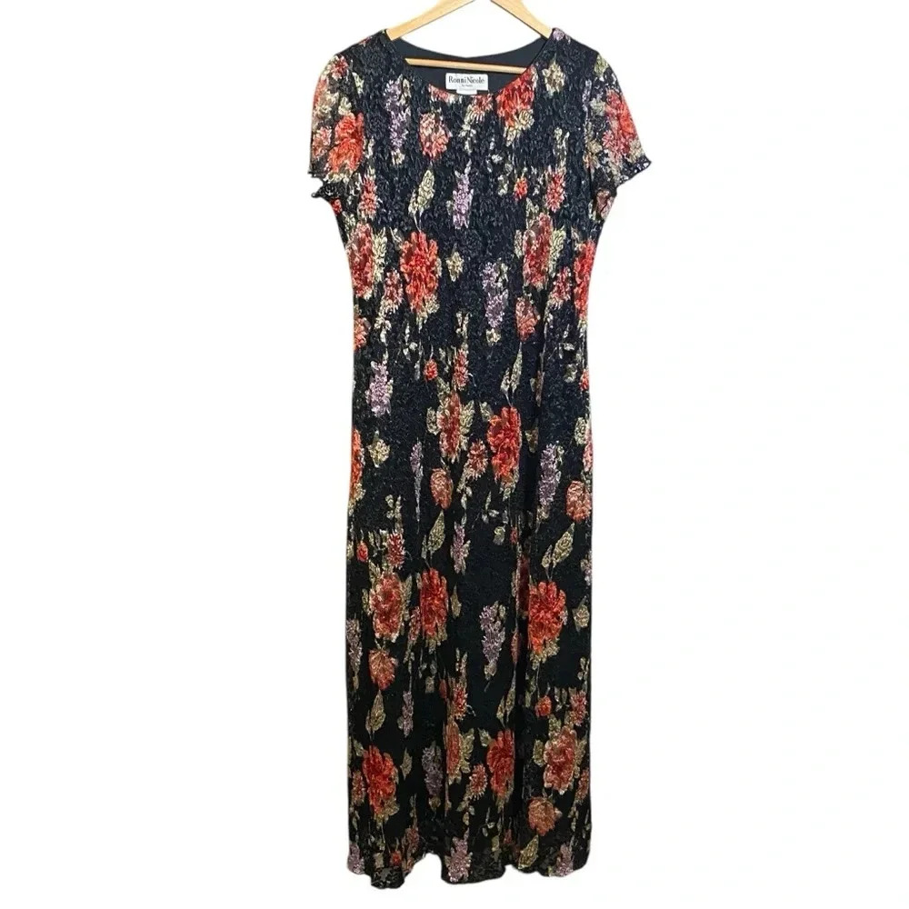 VGT RONNIE NICOLE by Ouida Dress Maxi Black Net Overlay Fairygoth Floral Size 16